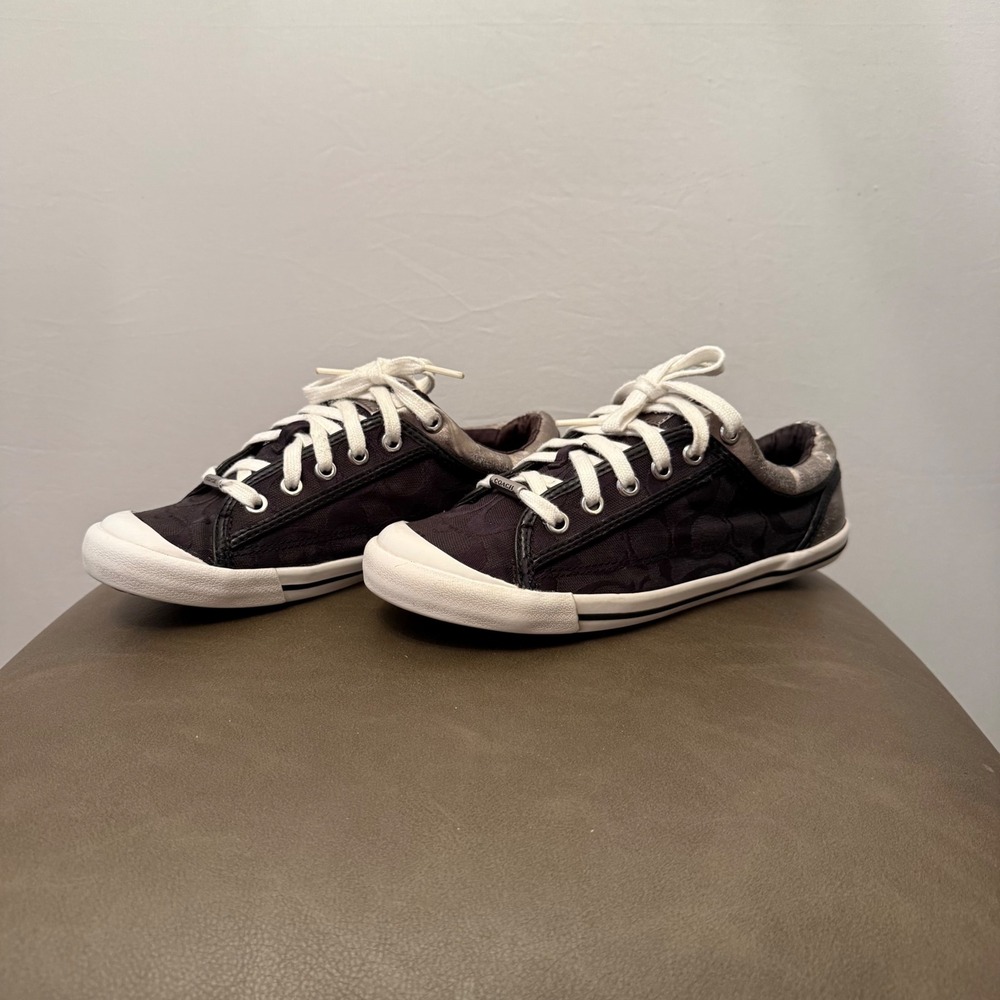 Coach Francesca Sneakers Designer Signature Print Black Silver Size Womens:7.5B